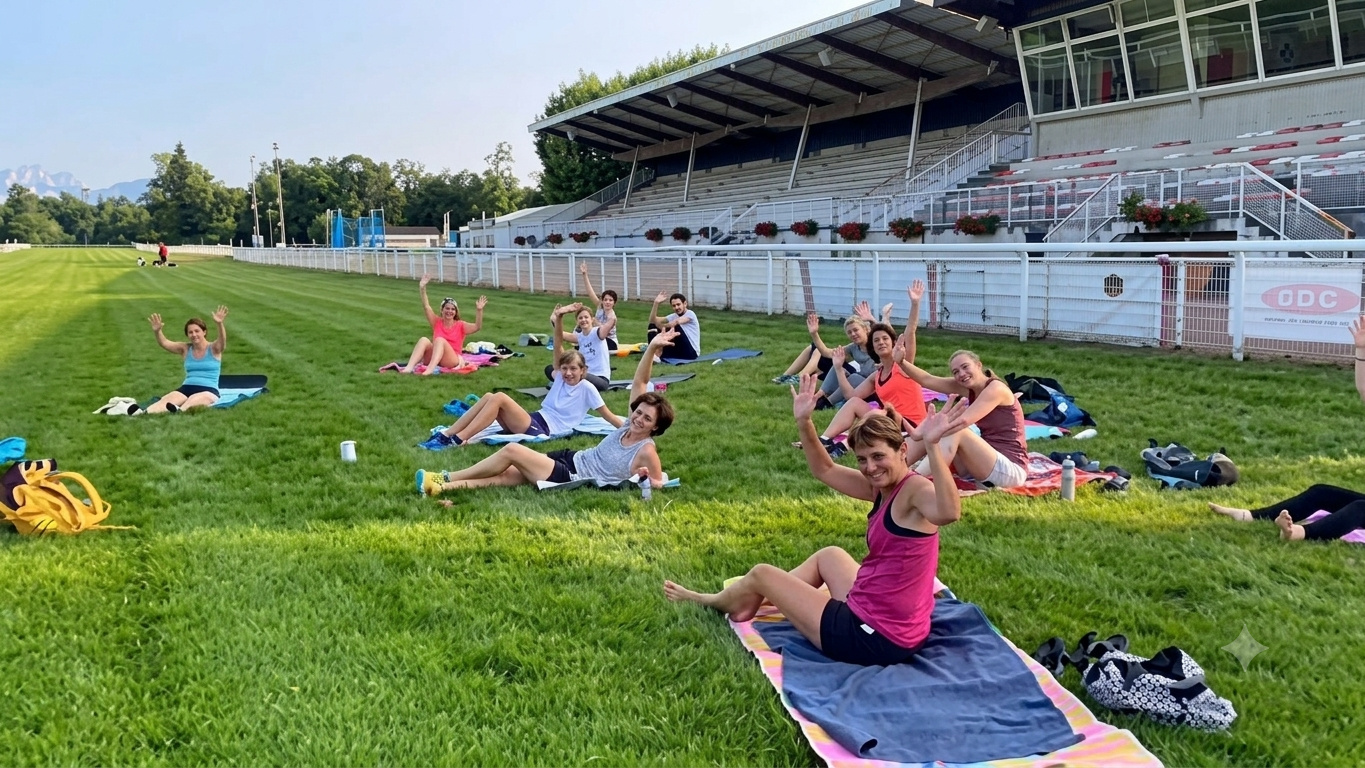 Cours collectif de gym en plein air sur la pelouse de l'hippodrome d'Aix-les-Bains