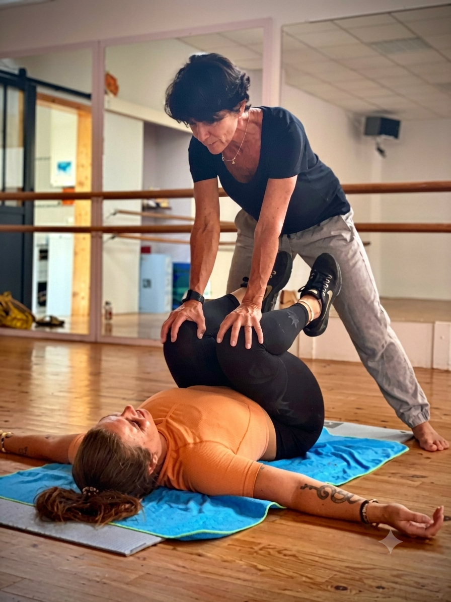 Coach accompagnant une adhérente dans un étirement postural au sol, en studio