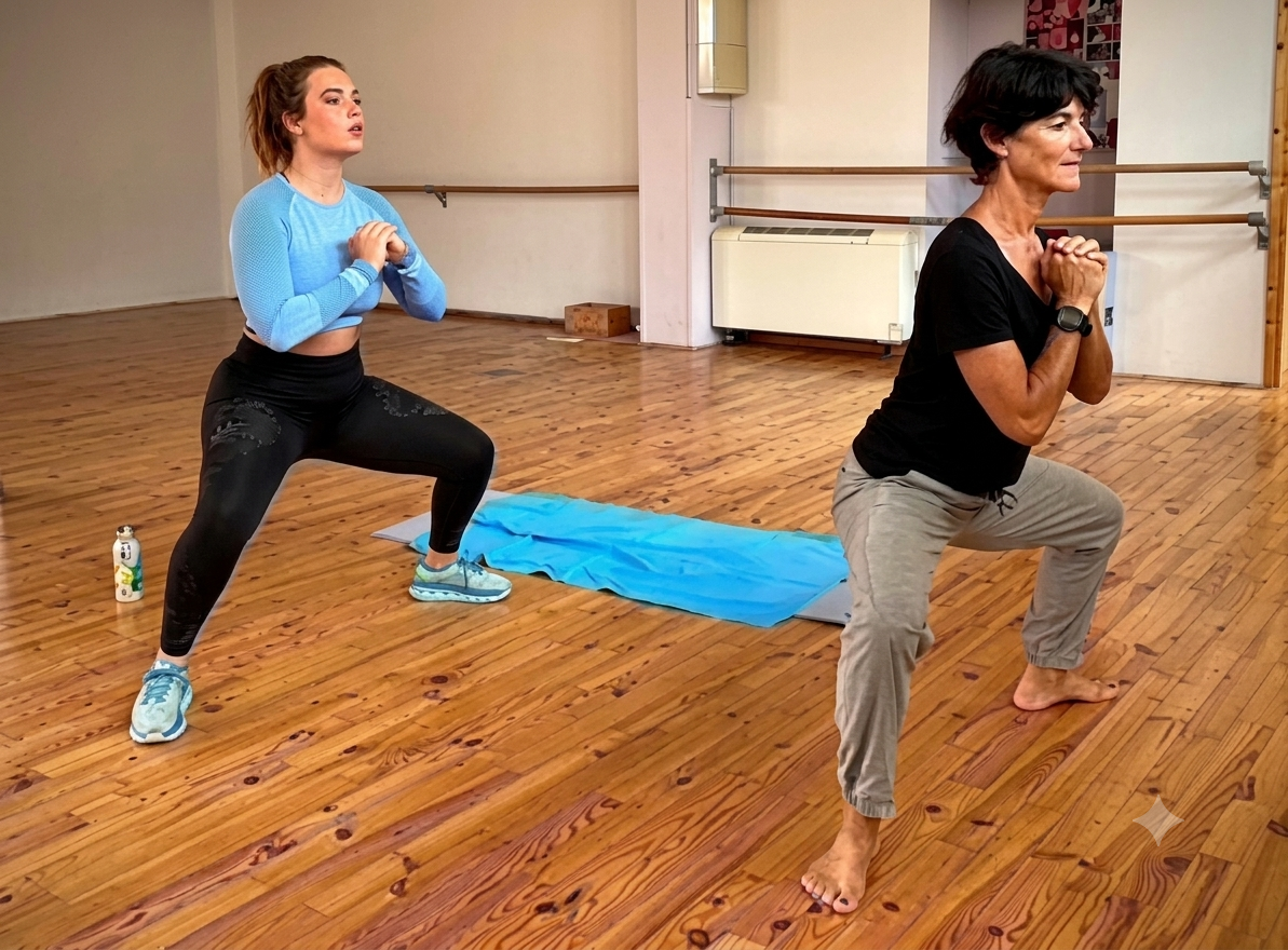 Coach et adhérente réalisant des fentes avant en studio, cours de renforcement musculaire